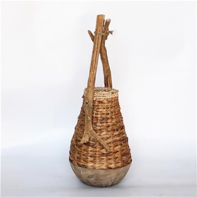 手工制作蒲草和泡桐混搭编织篓花篮器皿桌面装饰摆件展示图片
