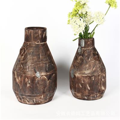 侘寂风美式古典木质花瓶花盆酒店客厅玄关插花艺装饰摆件展示图片