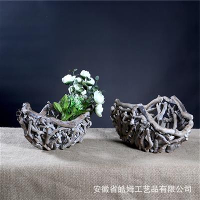 新中式手工制作木质花瓶花盆花器手编筐居家装饰器皿摆件展示图片
