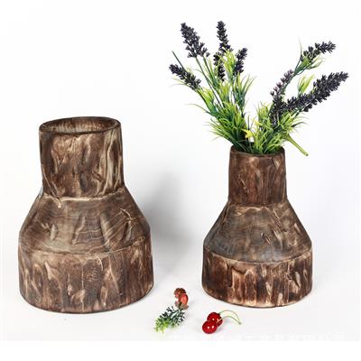 手工制作木质花盆花桶插花花瓶做旧碳化装饰器皿摆件展示图片