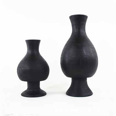手工碳化黑色木质摆件插花花瓶花器民宿酒店别墅装饰品展示图片