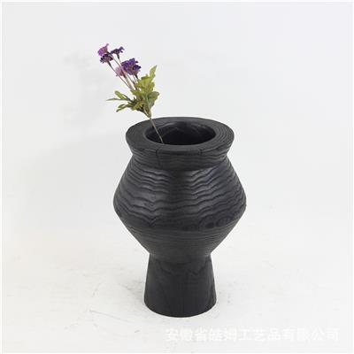 手制新中式碳化栗木黑色花瓶花盆家居别墅侘寂风装饰摆件展示图片